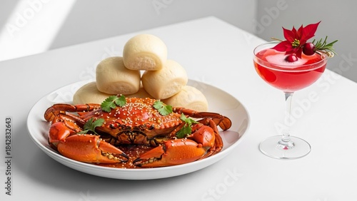 Singaporean Chili crab with mantou buns (holiday luxe version) and a Poinsettia cocktail