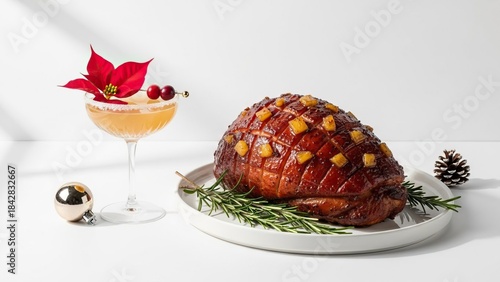 A Jamaican Jerk ham glazed with rum and pineapple and a Poinsettia cocktail, styled on a minimalist white toned background