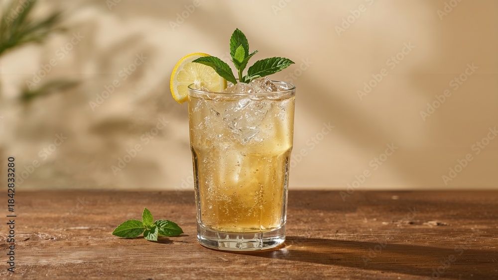 Fototapeta premium A drink with ice, lemon slice, and mint leaves in a glass. Refreshing beverage on a wooden surface. Citrus and herbs for flavor. Light, summery, and cool drink concept.
