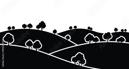 Landscape with rolling hills and trees peaceful silhouette vector illustration