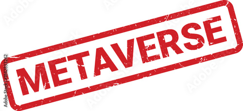 Red Metaverse Rubber Stamp Impression on White Background, Angled Perspective Showing Distressed Texture and Shape