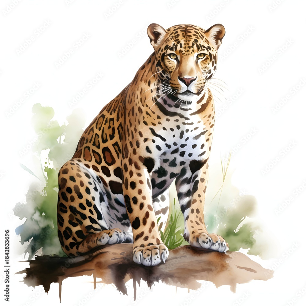 Fototapeta premium Elegant jaguar sitting on a branch surrounded by lush green foliage in soft focus background