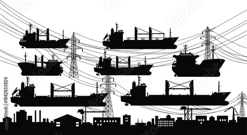 PrintSurreal, industrial, silhouette, ships, power, lines, transmission, towers, electricity, infrastructure, factory, chimneys, cables, urban, network, 