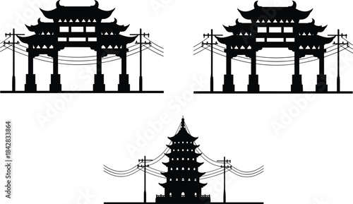 PrintTraditional Chinese architecture silhouette, modern utility poles, power lines, urban contrast, cultural fusion, East Asian design, black illustration, pagoda gate structure