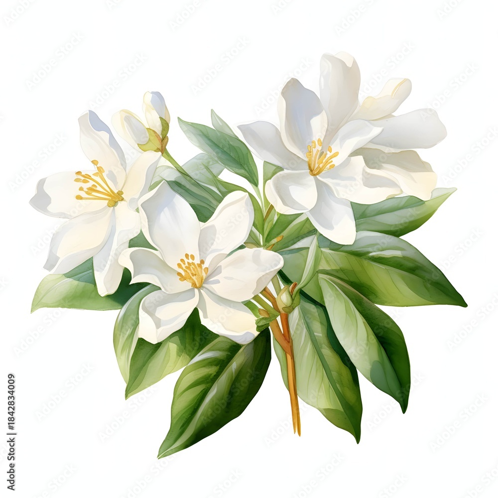 Obraz premium Elegant magnolia blossoms with leaves in the style of watercolor painting