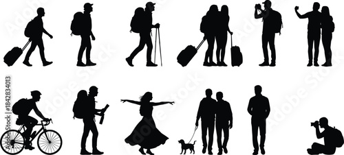 Travel and leisure silhouettes, backpackers, tourists, hiking, biking, photography, dog walking, exploration, vacation activity, outdoor lifestyle, adventure moments