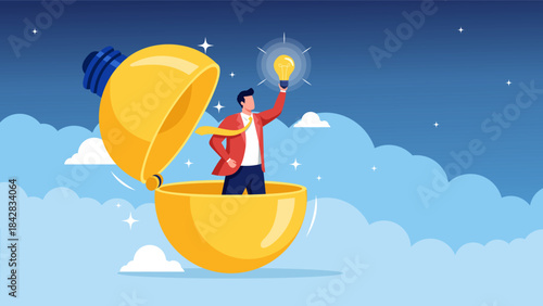 Innovation and Creativity Illustration – Man Finding Big Idea in Light Bulb. Vector Illustration