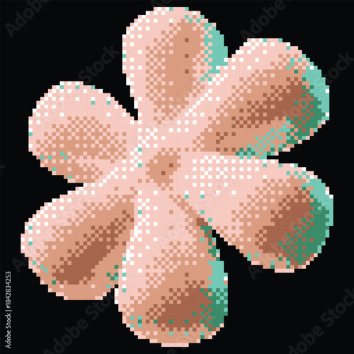 Pixelated abstract flower shape with six petals, pink color, glow effect, 8-bit icon, Y2K.