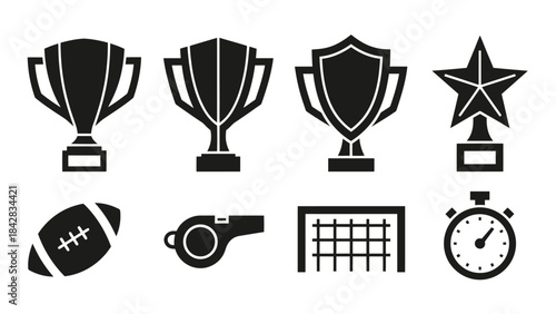 Collection of Sports and Achievement Icons Including Trophies, Football, Whistle, Goal Net, and Stopwatch on Isolated White Background