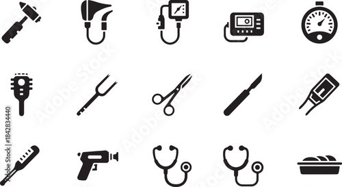 Vector icons set featuring a collection of essential medical instruments, surgical tools, and diagnostic equipment, including stethoscope, reflex hammer, scalpel, scissors, syringe, forceps, 
