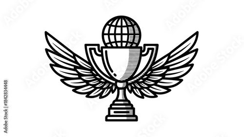 A stylized black and white illustration of a trophy with wings and a globe on top.