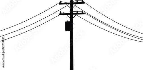 Utility pole silhouette with transformer and power lines, black figure, white background, electrical infrastructure, distribution system, insulators, crossarms
