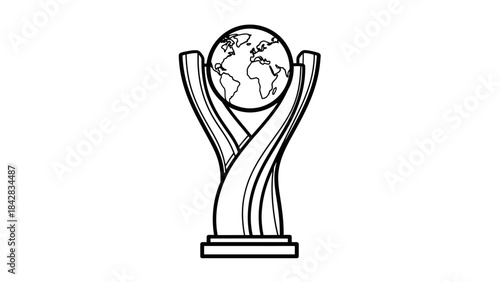 A stylized black and white illustration of a trophy with a globe on top.