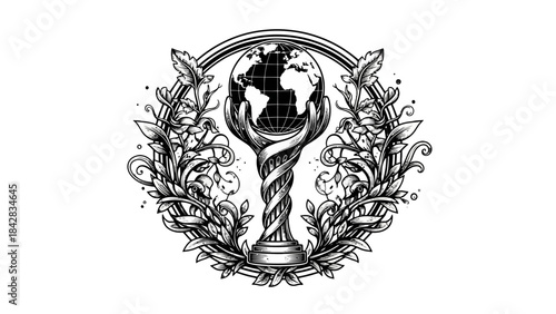 Outline Global Achievement Trophy with Earth Globe and Detailed Laurel Wreath Symbolizing International Success on Isolated White Background