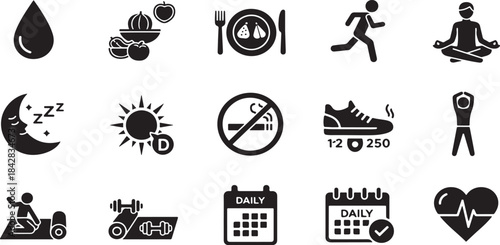 Black vector icons set for daily health, wellness, and fitness routines, including meditation, running, sleep, sunlight, hydration, heart rate, nutrition, calendar tracking, and no smoking sign.