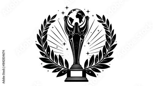 Global Achievement Trophy Icon with Globe and Laurel Wreath, Radiating Lines Symbolizing Worldwide Success on Isolated White Background