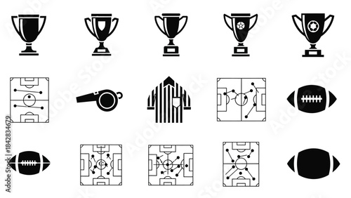 Set of Outline Sports and Achievement Icons with Trophies, American Football, Whistle, and Playbook Strategies on Isolated White Background