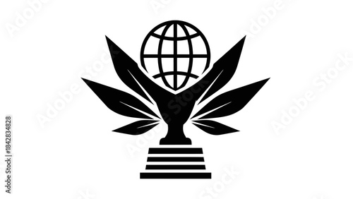 Abstract Global Trophy with Grid Globe and Leaf Elements Line Art on Isolated White Background