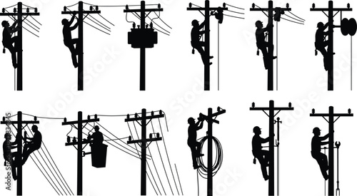 PrintUtility workers silhouette, electrical pole maintenance, power line repair, bucket lift, transformer service, energy infrastructure, safety gear, black illustration, grid system