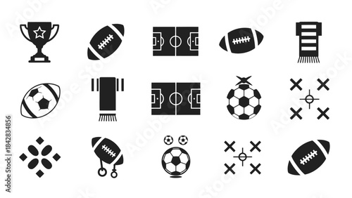 Assorted Sports, Tactics, and Game Strategy Line Art Icons on Isolated White Background