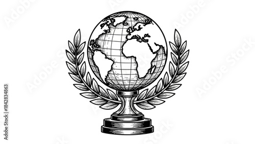 Detailed Global Trophy with World Map and Laurel Wreath Line Art on Isolated White Background