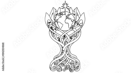 An intricate black and white illustration of the Earth cradled within a stylized, organic structure resembling a blooming flower or tree roots.