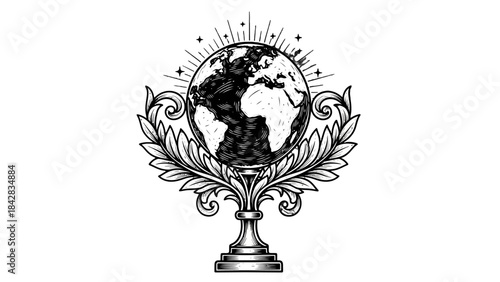 Ornate vintage illustration of a globe on a decorative pedestal with radiating light and intricate floral patterns, symbolizing global achievement or knowledge.