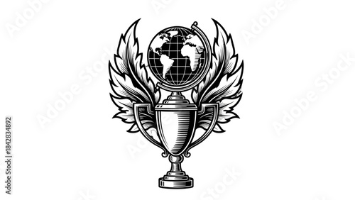 Black and white illustration of a trophy with a globe and wings, symbolizing global achievement, victory, and international success.