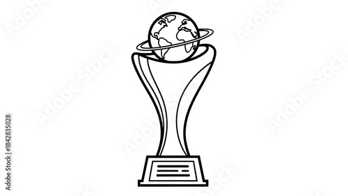 A black and white line drawing of a trophy with a globe on top, symbolizing global achievement or an international award.