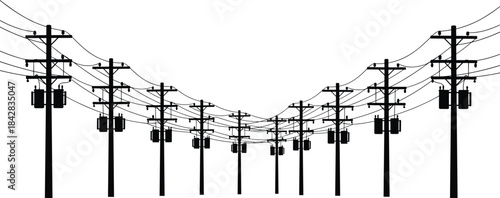 PrintUtility, poles, transformers, power, electricity, distribution, infrastructure, silhouette, cables, symmetry, perspective, depth, network, grid, energy, 