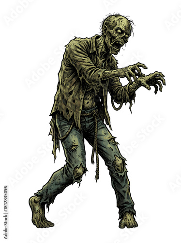 A zombie with tattered clothing and a decaying complexion lunges forward with outstretched arms against a clean white background.