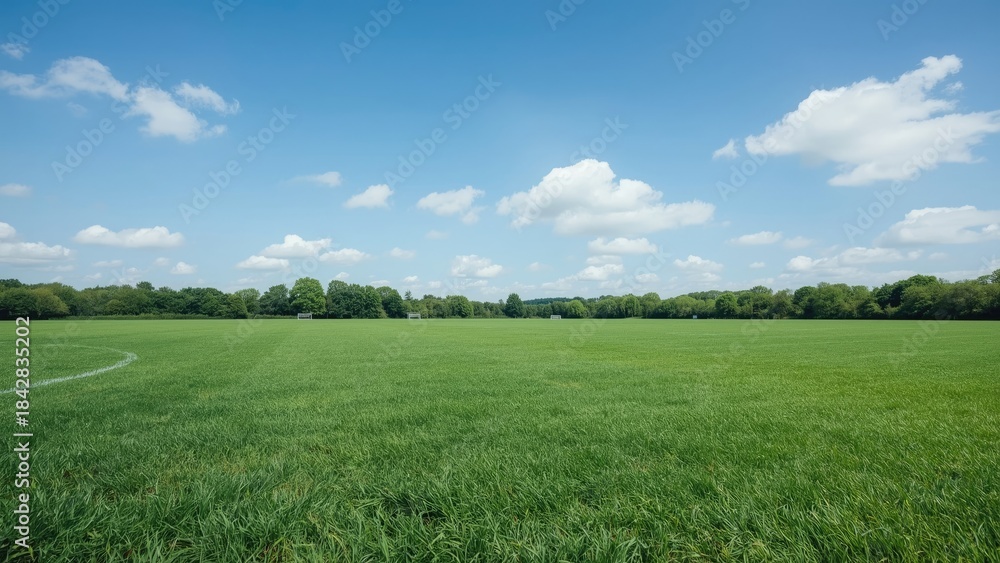 Obraz premium Vast green field under blue sky with clouds. Nature and outdoor landscape. The scene of open grassland and clear weather.
