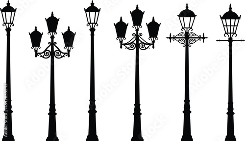 Vintage street lamp silhouettes, ornate lantern designs, classical outdoor lighting, decorative posts, black vector icons, urban architecture illustration