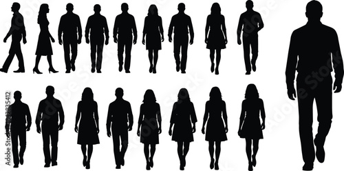 Walking people silhouettes, human motion, black vector, male and female, gait analysis, crowd movement, posture study, white background, walking poses