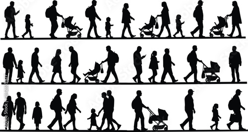 Walking people silhouette collection, urban lifestyle illustration, family group motion, black human figures, public space activity, everyday mobility design