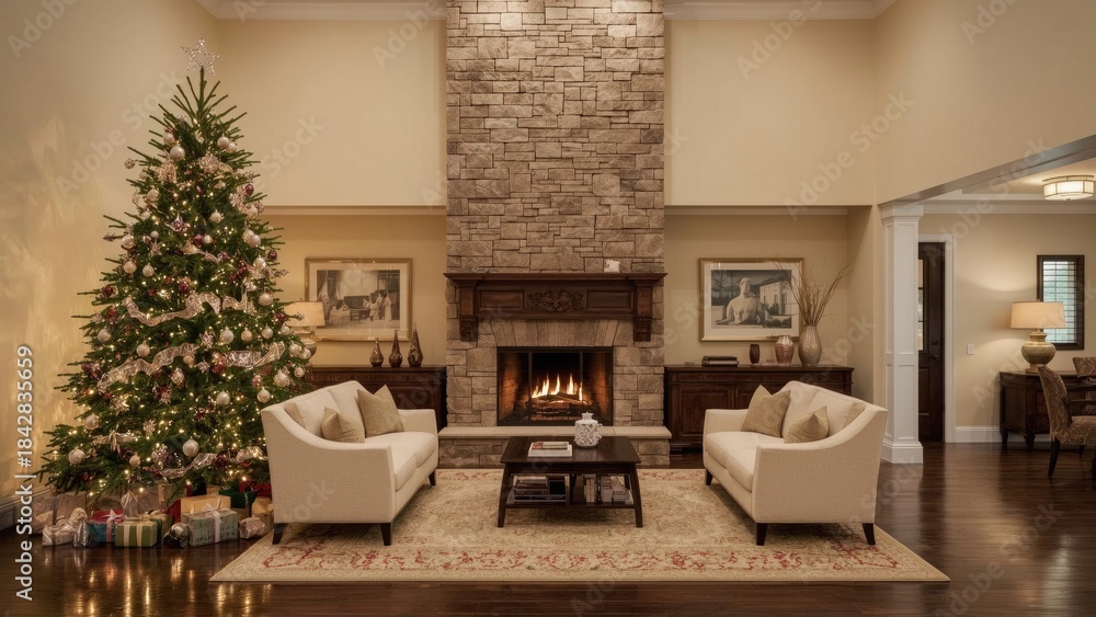 Obraz premium A cozy living room decorated for Christmas with a tree, presents, and a central fireplace surrounded by sofas, in a warm, inviting home setting.