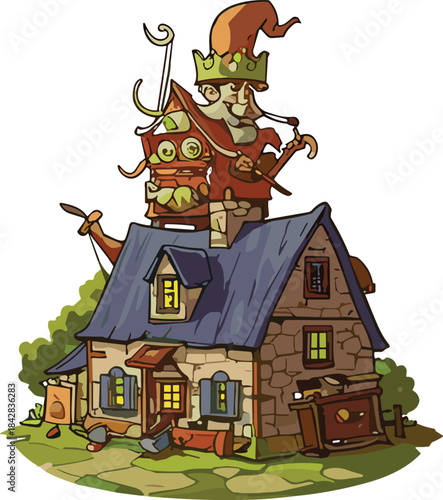 Whimsical fantasy stone house with colorful cartoon characters on the roof creating a playful magical fairytale illustration for creative design