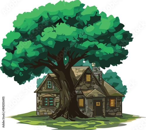 Charming stone cottage nestled beneath a massive green tree creating a peaceful fairytale forest atmosphere in detailed nature illustration artwork