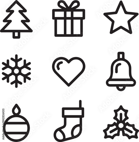 Minimal Line Christmas Icon Set  Winter Holiday Outline Symbols Collection