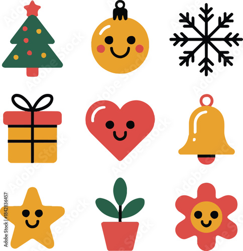 Cute Festive Symbols  Christmas Kawaii Illustration Set