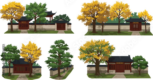 “Traditional Asian courtyard walls and wooden gates surrounded by vibrant seasonal trees, detailed architectural landscape illustration for cultural design and decoration”