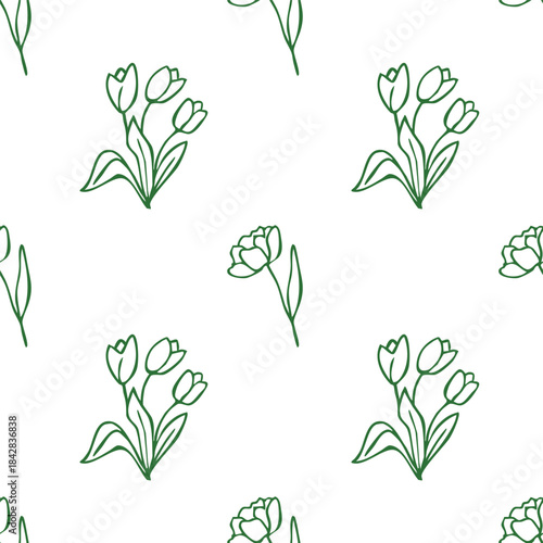 Seamless pattern with outline tulips flowers
