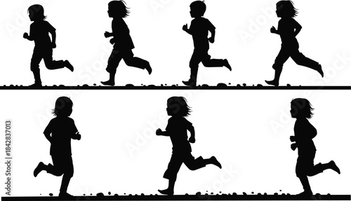 Silhouette children running in sequence showing movement cycle, athletic kid motion illustration, vector child activity design suitable for sports education and animation projects