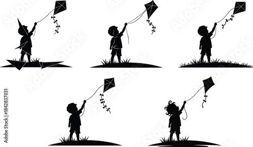 Silhouette children flying kites outdoors, playful kids holding kite strings in grassy field, joyful childhood activity illustration, isolated vector design