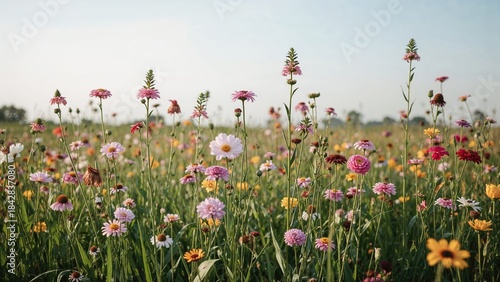 Fototapeta Naklejka Na Ścianę i Meble -  Colorful wildflowers in a meadow with a clear sky and greenery.