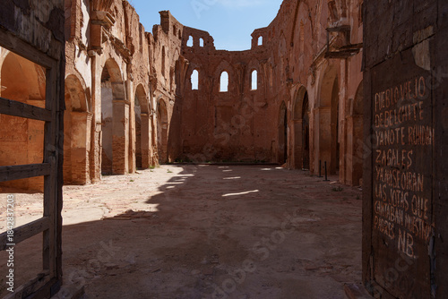 Entrance to the Church of San Martín de Tours, in the Old Square of the town of Belchite, Aragon, Spain.