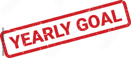 Distressed Red Yearly Goal Rubber Stamp Impression on White Background, Inclined View