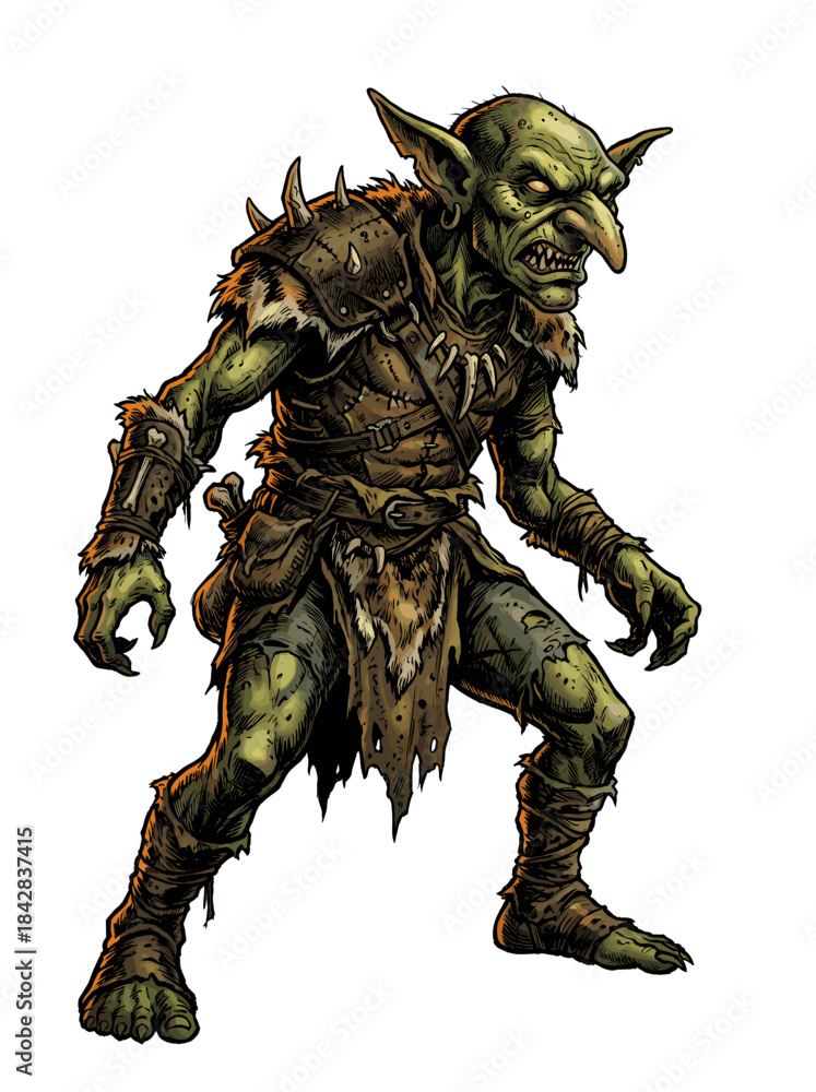 Fototapeta premium A green-skinned goblin creature with pointed ears and sharp teeth standing in a powerful stance wearing tattered leather armor against a plain white background.