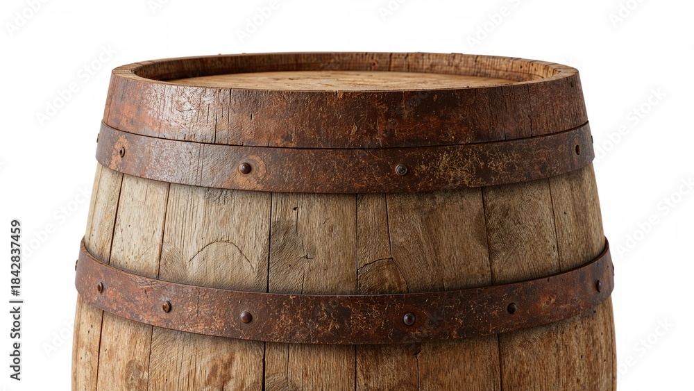 Fototapeta premium Wooden barrel with metal hoops, vintage container, rustic storage, traditional whiskey or wine barrel, old-fashioned woodworking craftsmanship.