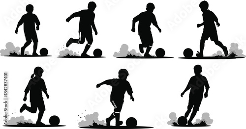 Silhouette illustration of kids playing soccer with dynamic running poses, football action scenes, youth sports movement, outdoor activity, energetic child athletes